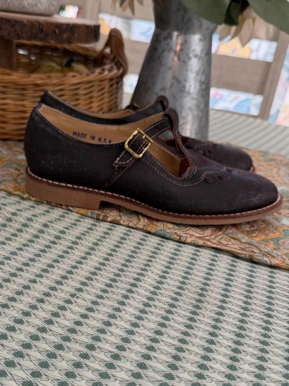 Vintage Handmade Dark Brown Suede Mary Jane Leather Shoes with Buckle Sz 3